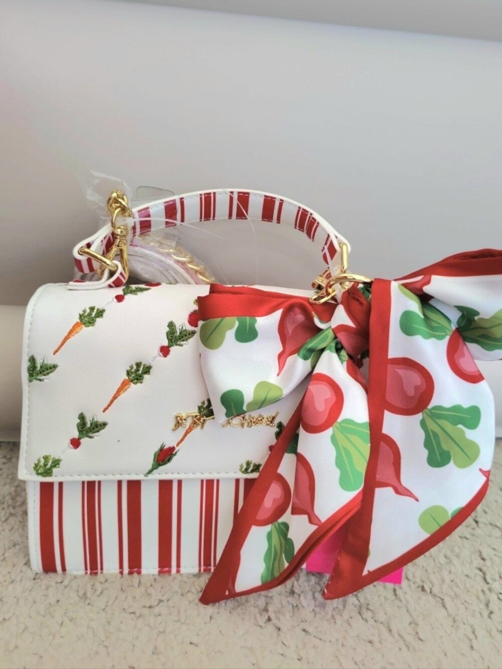 Betsey Johnson White & Red Carrot Print Top-Handle Bag
